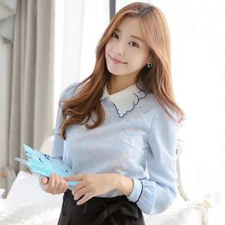 Korea Made Organza Lace Peter Pan Collar Blouse Top Lady Chic. Xs S M.  Baby Blue Sky. Valentino. Chanel. Karl. Romantic Date. Office Lady. Liz Lisa. Style Nanda. Mango. Zara. Girls Generation. Sweet.