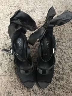 Black suede peep toe heels with ankle straps (approx 5 inch)