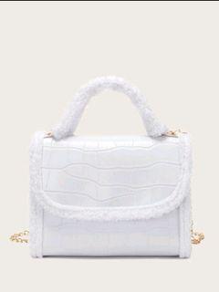 Faux Fur Trim Crocodile Pattern Satchel Bag