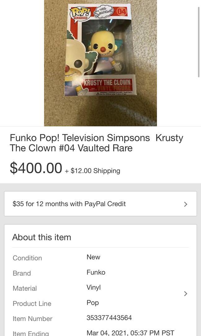 Funko the POP! The Simpson rare #04 krusty the clown (Category: Toy Figures) located in Singapore. Submitted by laughingwanderer (Listing ID 1068955884, Image 6). Description: BNIB Never open Buyers feel free to check online on pop price guide or hobbydb.com Check with eBay and PPG website All prices are in USD ** Deal policy is that no reservation and I don’t take deposit. If want straight we deal. If that day you can’t make it come back again a