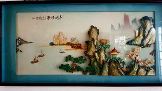 Vintage chinese landscape artwork using pearl shells. Set of 3 pieces.