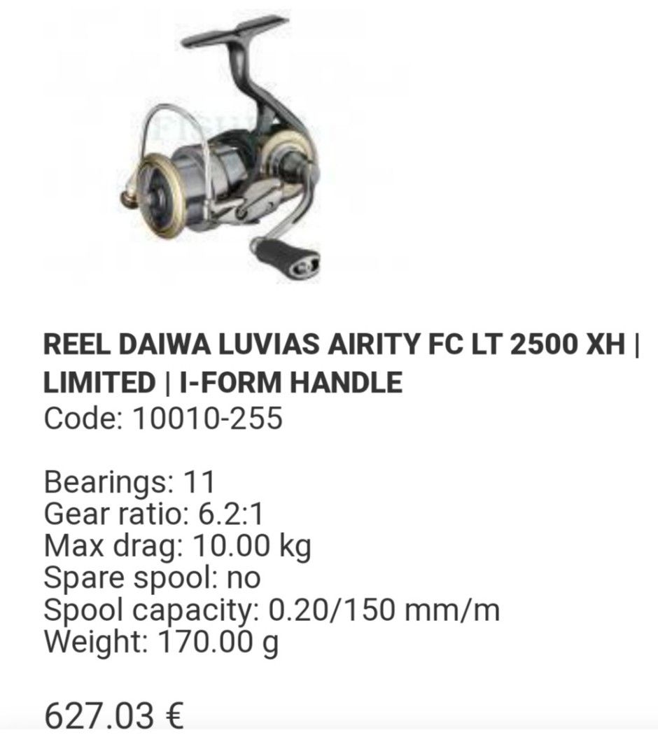 Daiwa Luvias Airity Fishing Reel (Category: Fishing) located in Singapore. Submitted by eurasianlynx88888 (Listing ID 1204149321, Image 3). Description: Selling brand new Daiwa Airity LT2500-XH with box. Warranty set from Lure Haven. Good for pond fishing..