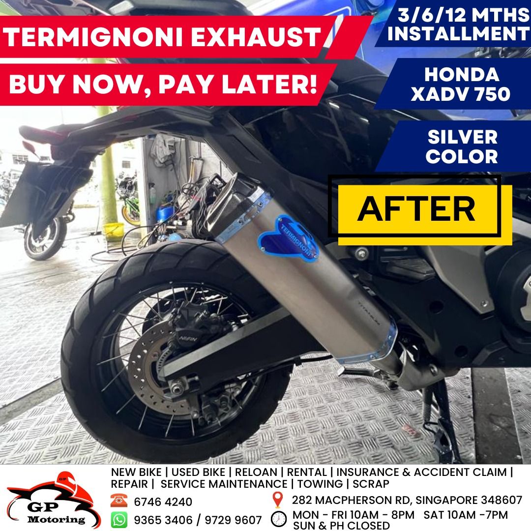HONDA X-ADV 750 | YAMAHA XMAX V1 | CB400X | CB400 | ZX4RR | TERMIGNONI | AKRAPOVIC | LEOVINCE | SC PROJECT | BODIS | ARROW | YOSHIMURA | MORIWAKI | YAMAMOTO | SP TADAO | LTA APPROVED | BUY NOW, PAY LATER | READY STOCK | ORIGINAL | GP MOTORING | GPMOTORING (Category: Exhaust) located in Singapore. Submitted by gpmotoring (Listing ID 1204087856, Image 3). Description: ✅ LTA Approved Exhausts for KTM, CFMoto, Yamaha, Honda, Kawasaki and more! 💳 BUY