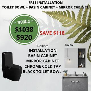 BLACK TOILET BOWL | BASIN CABINET | MIRROR CABINET | TAP | PACKAGE