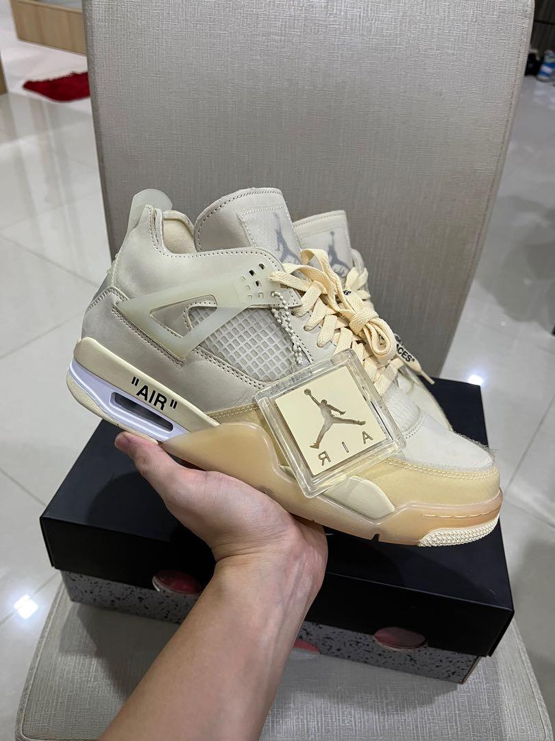 (RARE) Authentic Nike x Off-White Jordan 4 Sail (Category: Sneakers) located in Singapore. Submitted by j.hyeo (Listing ID 1175062832, Image 1). Description: Authentic Nike x Off-White Jordan 4 Sail Pretty much one of the best sneakers from virgil abloh, super wearable and muted colorway that will suit everything from vintage to luxury. RIP virgil. Pair this with your other louis vuitton or dior cactus jack pieces! Brand new (tried on once indoor