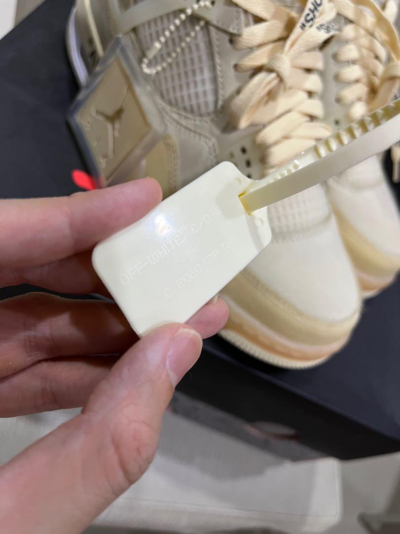 (RARE) Authentic Nike x Off-White Jordan 4 Sail (Category: Sneakers) located in Singapore. Submitted by j.hyeo (Listing ID 1175062832, Image 10). Description: Authentic Nike x Off-White Jordan 4 Sail Pretty much one of the best sneakers from virgil abloh, super wearable and muted colorway that will suit everything from vintage to luxury. RIP virgil. Pair this with your other louis vuitton or dior cactus jack pieces! Brand new (tried on once indoo