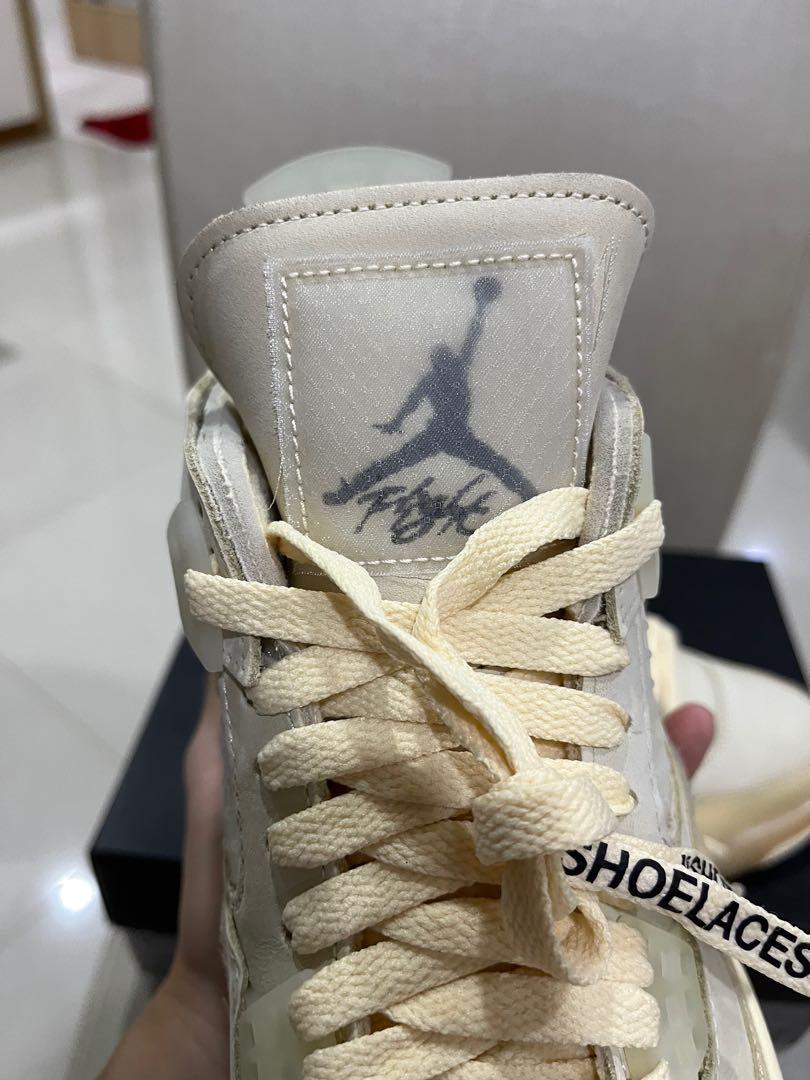 (RARE) Authentic Nike x Off-White Jordan 4 Sail (Category: Sneakers) located in Singapore. Submitted by j.hyeo (Listing ID 1175062832, Image 7). Description: Authentic Nike x Off-White Jordan 4 Sail Pretty much one of the best sneakers from virgil abloh, super wearable and muted colorway that will suit everything from vintage to luxury. RIP virgil. Pair this with your other louis vuitton or dior cactus jack pieces! Brand new (tried on once indoor