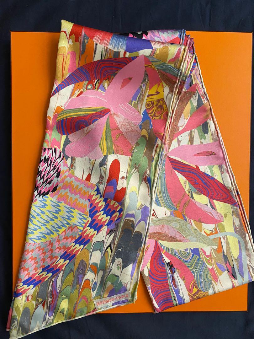 Hermes marble silk muffler (Category: Scarves) located in Singapore. Submitted by cinco.sg (Listing ID 1179048198, Image 2). Description: RARE collectible item! BNIB with copy receipt Muffler in silk (100% silk) This psychedelic marble print, bursting with vivid colors, is the product of a rare expertise, hand-crafted in a workshop in Kyoto. A paste dipped in different colored pigments is skillfully blended together and cut up to form patterns th