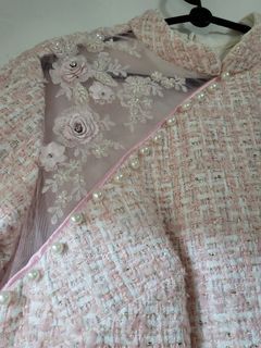 Plus size tweed pink cheongsam with pearls and floral embellishments
