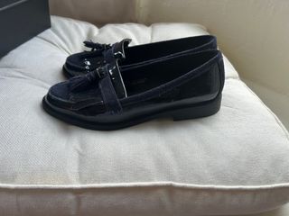 Dune Patent & Suede Navy Loafers - Size 37