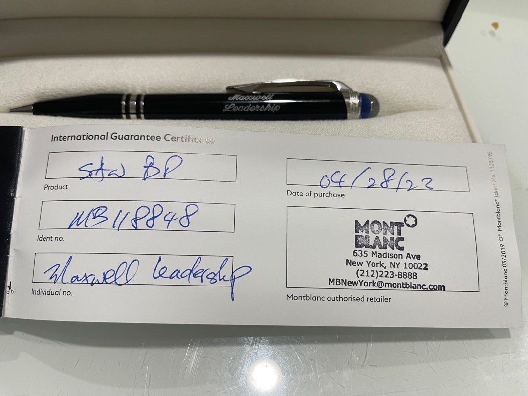Mont Blanc Pen (Category: Accessories) located in Singapore. Submitted by feiken (Listing ID 1267376302, Image 4). Description: Mont Blanc Pen With Maxwell Leadership printing Original Still under warranty BNIB .