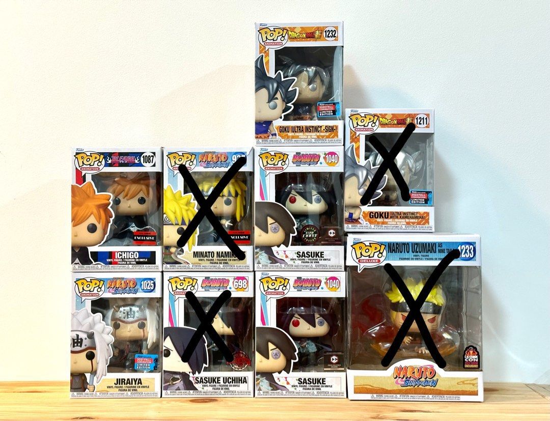 [Clearance] Naruto, Jiraiya, Sasuke, Minato, Dragon Ball Goku, Bleach Ichigo (Category: Toy Figures) located in Singapore. Submitted by joshuascw (Listing ID 1210563696, Image 1). Description: Minato: $15 Goku: $30 Sasuke: $15 Sasuke Chase: $90 Jiraiya: $50 Naruto: $70 Ichigo: $30.