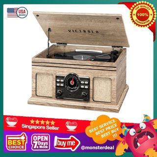 Victrola 4-in-1 Nostalgic Bluetooth Record Player with 3-Speed Record Turntable and FM Radio, Farmhouse Oatmeal