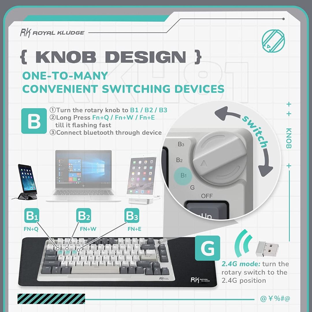 RK H81 75% Gasket Mechanical Keyboard by Royal Kludge with Hotswap Wireless Bluetooth RGB for Gaming (Category: Computer Keyboard) located in Singapore. Submitted by daytech (Listing ID 1226217379, Image 2). Description: ✅Ready Stock in Singapore ✅Authorized Royal Kludge Reseller ✅100% Genuine Product 🔥 Gasket Mounted- Cushioned Typing Experience 🔥 Tri-Mode- Bluetooth, USB or 2.4GHz Dongle 🔥 Hotswappable- Toolless Switch Replacement (3/5pin) �