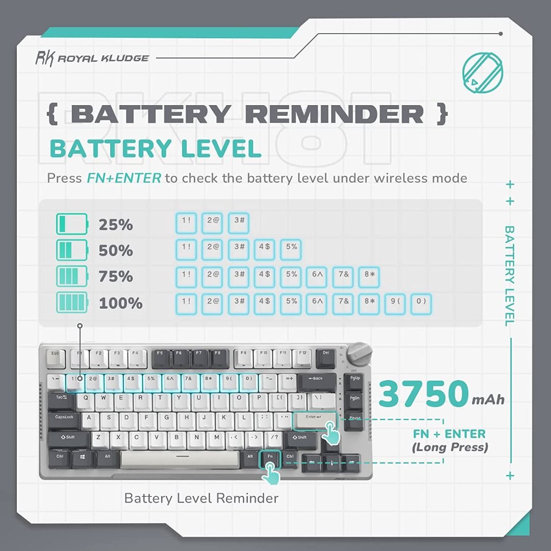 RK H81 75% Gasket Mechanical Keyboard by Royal Kludge with Hotswap Wireless Bluetooth RGB for Gaming (Category: Computer Keyboard) located in Singapore. Submitted by daytech (Listing ID 1226217379, Image 7). Description: ✅Ready Stock in Singapore ✅Authorized Royal Kludge Reseller ✅100% Genuine Product 🔥 Gasket Mounted- Cushioned Typing Experience 🔥 Tri-Mode- Bluetooth, USB or 2.4GHz Dongle 🔥 Hotswappable- Toolless Switch Replacement (3/5pin) �