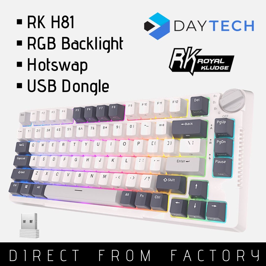 RK H81 75% Gasket Mechanical Keyboard by Royal Kludge with Hotswap Wireless Bluetooth RGB for Gaming (Category: Computer Keyboard) located in Singapore. Submitted by daytech (Listing ID 1226217379, Image 1). Description: ✅Ready Stock in Singapore ✅Authorized Royal Kludge Reseller ✅100% Genuine Product 🔥 Gasket Mounted- Cushioned Typing Experience 🔥 Tri-Mode- Bluetooth, USB or 2.4GHz Dongle 🔥 Hotswappable- Toolless Switch Replacement (3/5pin) �
