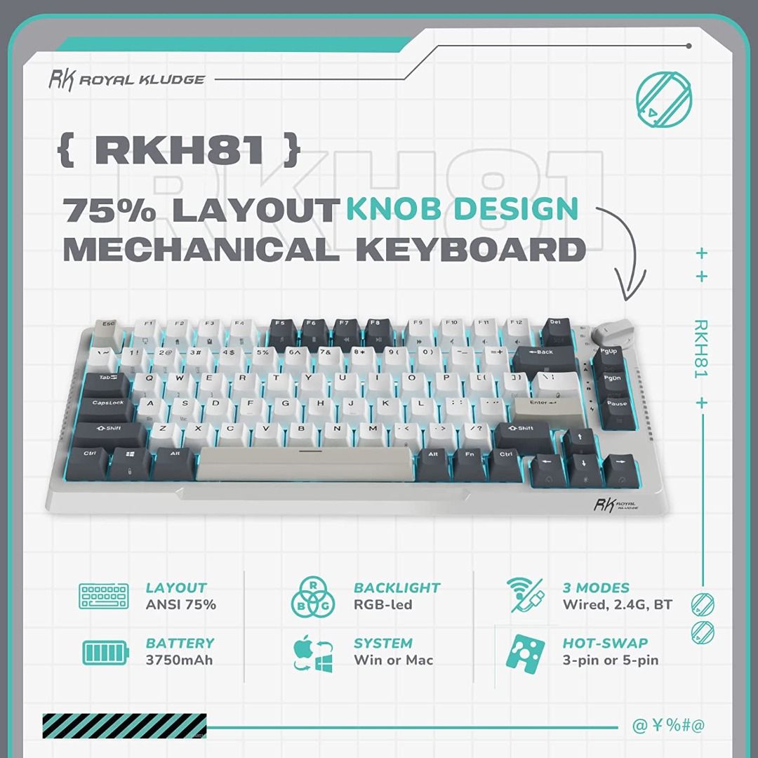 RK H81 75% Gasket Mechanical Keyboard by Royal Kludge with Hotswap Wireless Bluetooth RGB for Gaming (Category: Computer Keyboard) located in Singapore. Submitted by daytech (Listing ID 1226217379, Image 4). Description: ✅Ready Stock in Singapore ✅Authorized Royal Kludge Reseller ✅100% Genuine Product 🔥 Gasket Mounted- Cushioned Typing Experience 🔥 Tri-Mode- Bluetooth, USB or 2.4GHz Dongle 🔥 Hotswappable- Toolless Switch Replacement (3/5pin) �