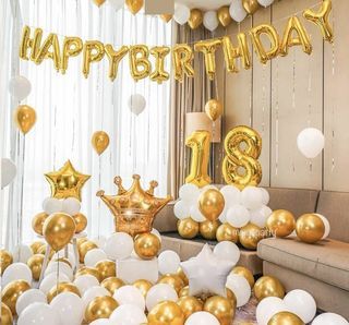 <In Stock> White Gold Chrome Balloons Age Number Birthday Balloon Set / 18 Inch Star Gold Crown Happy Birthday Party Decoration DIY Package