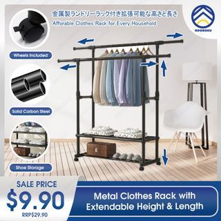 ODOROKU Height & Length Adjustable Clothes Rack for Hanging Clothes Clothing Rack, Rolling Garment Rack, Hanging Rack for Clothes, Double Rod Wardrobe Rack with Lockable Wheels