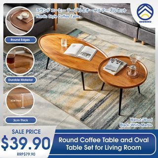 ODOROKU Round Coffee Table and Oval Table Set for Living Room Modern Coffee Table with Open Storage Marble Wood Tabletop & Sturdy Metal Legs Large Circle Coffee Table for Stylish Home