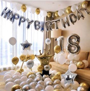 <In Stock> Age Number Silver White Gold Chrome Birthday Balloons Set / 18 Inch Star Gold Crown Happy Birthday Party Decoration DIY Package