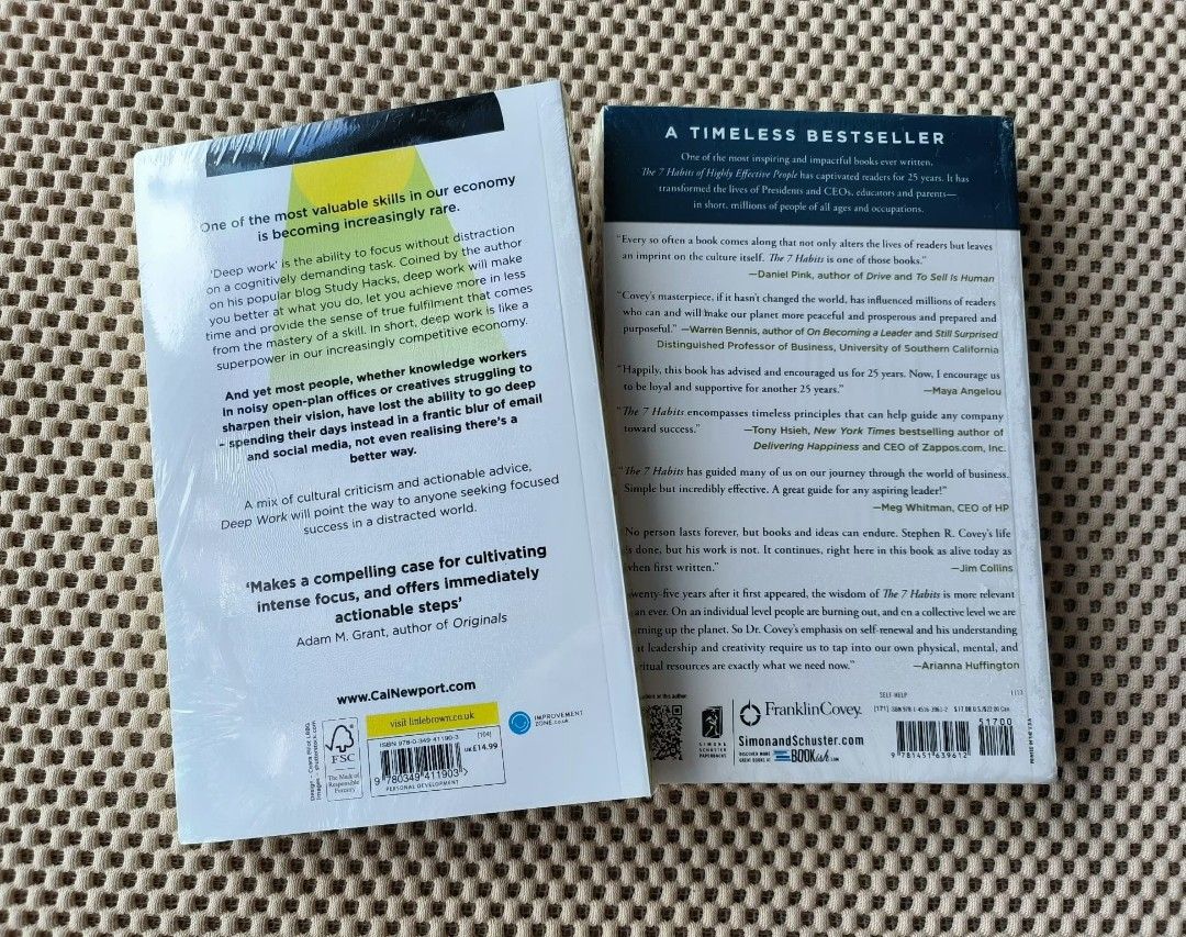 [Bundle of 2] The 7 Habits of Highly Effective People & Deep Work (Category: Storybooks) located in Singapore. Submitted by fishyoung326 (Listing ID 1250843991, Image 2). Description: Brand New in sealed. These are excess ready stocks from overseas group buy. Price is for a set of 2 books: 1. Deep Work: Rules for Focused Success in a Distracted World 2. The 7 Habits of Highly Effective People Pm if interested..