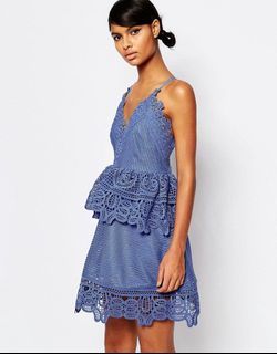 Self Portrait Lace Trimmed Mini Dress in Cornflower Blue