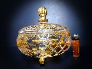20cm 2.5kg  Heavy Turkish tripod crystal glass gold jewellery box candy fruits jar bowl trinket canister kitchen ware