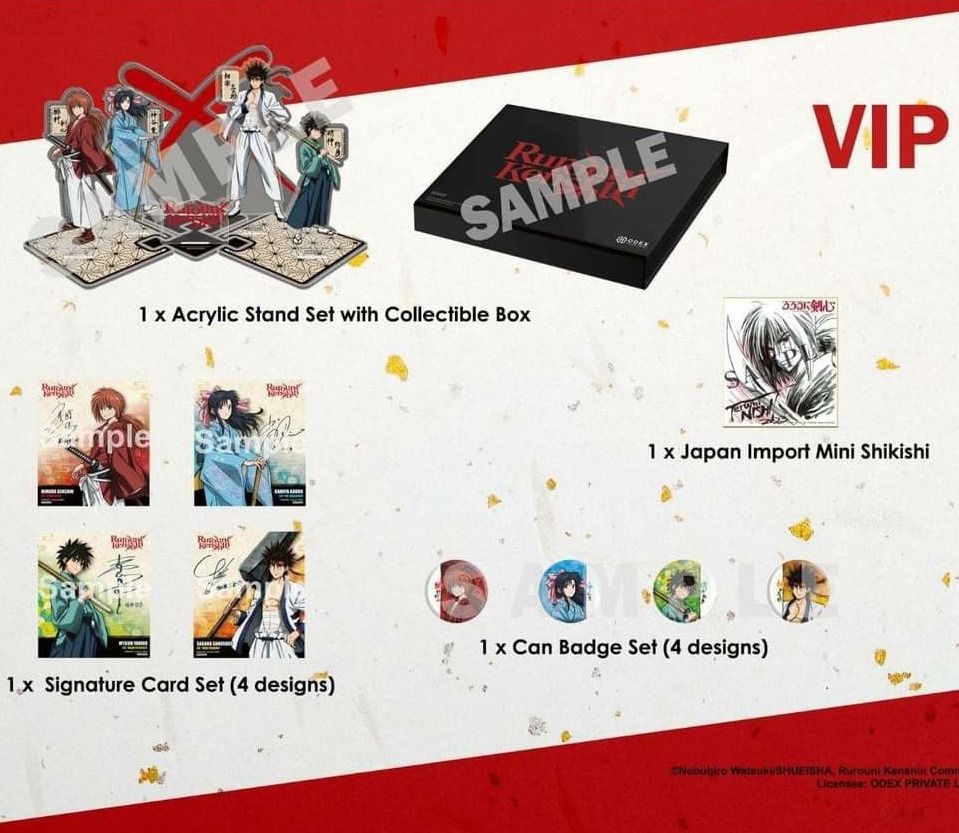 Rurouni Kenshin (Samurai X) Movie Exclusive VIP Premium Box Set - Acrylic Standee Set, Can Badges Set, Illustrated Bromides Set, Postcard and Mini Shikishi Trading Board (Category: Other Merchandise) located in Singapore. Submitted by rukawajy (Listing ID 1246905419, Image 1). Description: Selling Full complete set of all Rurouni Kenshin (Samurai X) Movie Exclusive VIP Premium Box Set items, comprising of the following, Acrylic Standee Set, Can B