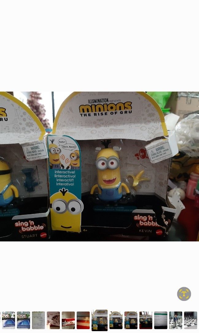 Mattel Minions The Rise of Gru 4 Inch Scale 10cm Stuart Otto Kevin Interactive Sing and Babble Action Figures Talking Set Illumination Universal Studios Banana Fart Blaster Gun (Category: Interactive Toys) located in Singapore. Submitted by kws75 (Listing ID 1253555433, Image 4). Description: Brand new Minion Figures. Only left Stuart . Kevin and Otto sold out. Price is for one figure. Box packaging has some creases and tears but figures are mint