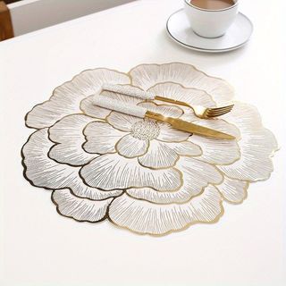 INSTOCK ✅ Peony Creative Decorative Pad Placemat Western-Style Placemat PVC Table Mat Heat Insulation Non-Slip Anti-Scald Coaster Restaurant Waterproof 38CM - GOLD + WHITE