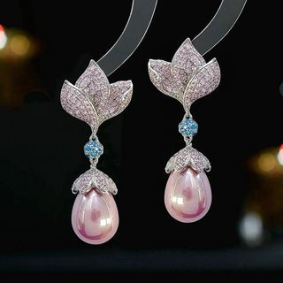 Peranakan pink blue pearl drop earrings