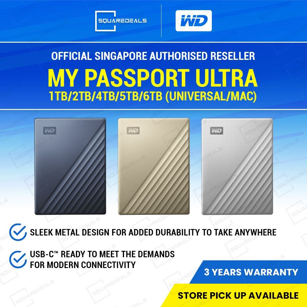 (FREE DELIVERY) Western Digital WD My Passport Ultra USB C Mac And Universal 1TB 2TB 4TB 5TB 6TB Portable External Hard Disk Drive HDD Harddisk (Category: Hard Disks & Thumbdrives) located in Singapore. Submitted by squaredealssingapore (Listing ID 1134394967, Image 1). Description: WD My Passport Ultra (Universal/Mac) Colors: Blue, Silver, Gold Payment by Paynow/Paylah/Cash 1TB - $169 2TB - $195 4TB - $279 5TB - $305 6TB - $369 Warranty: 3 Years
