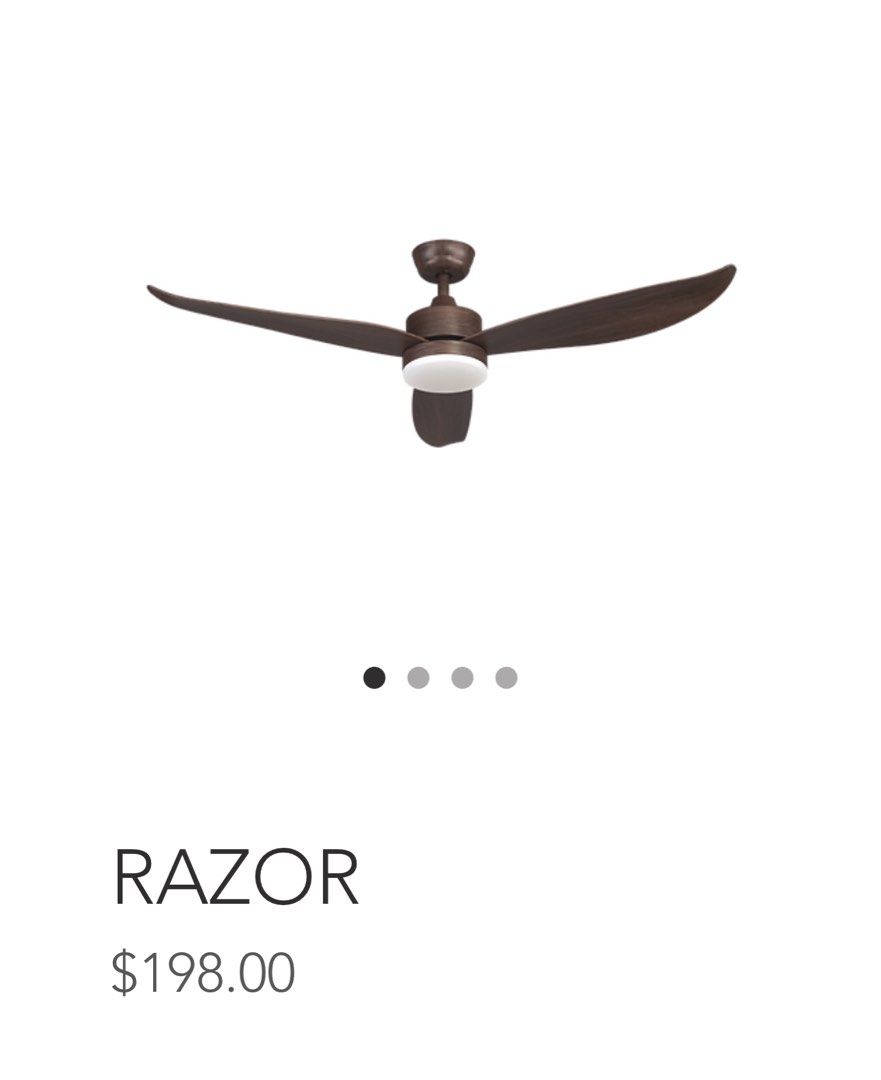 BESTAR RAZOR Ceiling Fan (Category: Fans) located in Singapore. Submitted by lightz_online (Listing ID 1337691924, Image 3). Description: Number of Blade: 3 Fan Dimension: 54″/ 46” Fan Height: 310mm Available Colours: Oak Wood / Matte Black (MB) / Matte White (MW) Fan Control: Remote Control (RF) Speed Control: 6 (Forward / Reverse) Wifi Enable (Optional) Timer Control: 1hr / 4hr / 8hr Light Fitting: LED 24W (Day / Cool / Warm) Motor Type: Ultra 