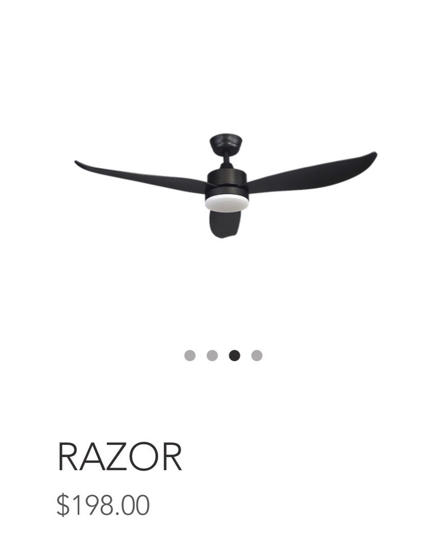 BESTAR RAZOR Ceiling Fan (Category: Fans) located in Singapore. Submitted by lightz_online (Listing ID 1337691924, Image 1). Description: Number of Blade: 3 Fan Dimension: 54″/ 46” Fan Height: 310mm Available Colours: Oak Wood / Matte Black (MB) / Matte White (MW) Fan Control: Remote Control (RF) Speed Control: 6 (Forward / Reverse) Wifi Enable (Optional) Timer Control: 1hr / 4hr / 8hr Light Fitting: LED 24W (Day / Cool / Warm) Motor Type: Ultra 