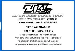 JJ Lin 林俊杰 ‘’JJ20" FINAL LAP World Tour Singapore Cat 3 PC1 Single Ticket 29th December 2024