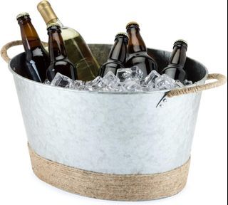 [limited promo] Twine 5592 Seaside Jute Rope Wrapped Farmhouse Galvanized Ice Metal Tub, Wine, Beer Bottle Bucket, 4.5 Gallons