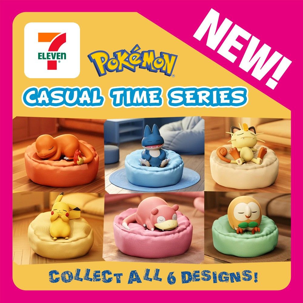 6pc Full Complete Set Pokemon Casual Time Series Decoration (7-11 Series 2 Sleeping Beanbag Cushion Pikachu, Charmander, Munchlax, Slowpoke, Rowlet, Meowth) (Category: Toy Figures) located in Singapore. Submitted by munoo (Listing ID 1337871638, Image 1). Description: Brand new unopened full set of 6 figurines. Please note that the boxes are not perfect and some are badly dented/damaged as per photo. Non-negotiable, do not buy if you are fussy. O