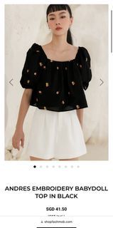 FASHMOB ANDRES EMBROIDERY BABYDOLL TOP IN BLACK  SIZE L