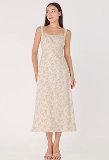 Lovet Delphine Padded Floral Linen Bustier Pleat Midaxi Dress
