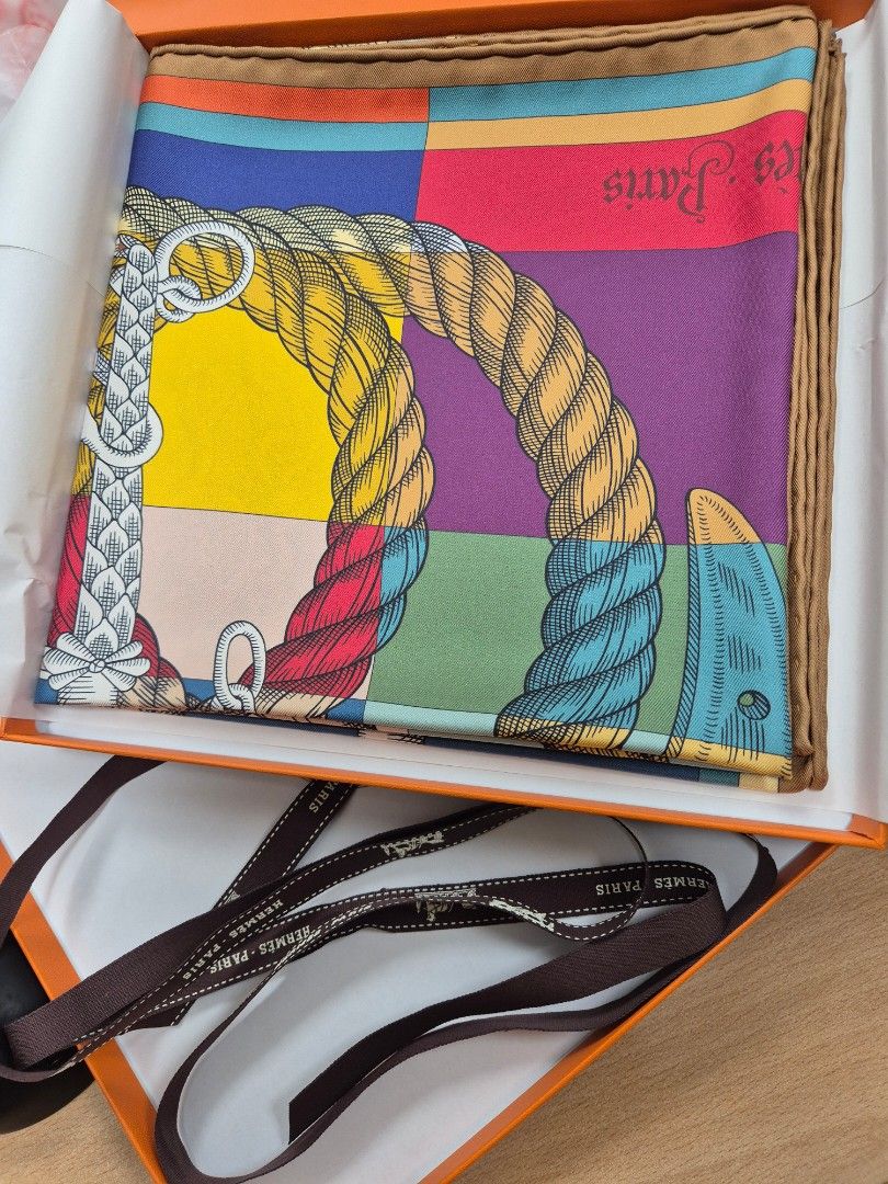 Hermes scarf (Category: Accessories) located in Singapore. Submitted by sfcct (Listing ID 1335658663, Image 6). Description: Double face Hermes Carre 90. Della Cavalleria designed by Virginie Jamin. Comes with original box, ribbon and receipt (but only copy of receipt will be provided as there are other items on the same receipt). Currently retails at $1300..