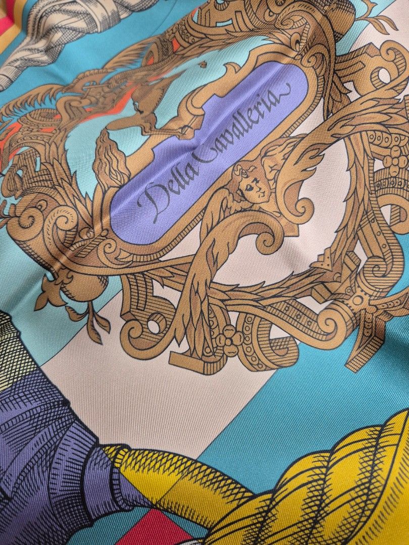 Hermes scarf (Category: Accessories) located in Singapore. Submitted by sfcct (Listing ID 1335658663, Image 5). Description: Double face Hermes Carre 90. Della Cavalleria designed by Virginie Jamin. Comes with original box, ribbon and receipt (but only copy of receipt will be provided as there are other items on the same receipt). Currently retails at $1300..
