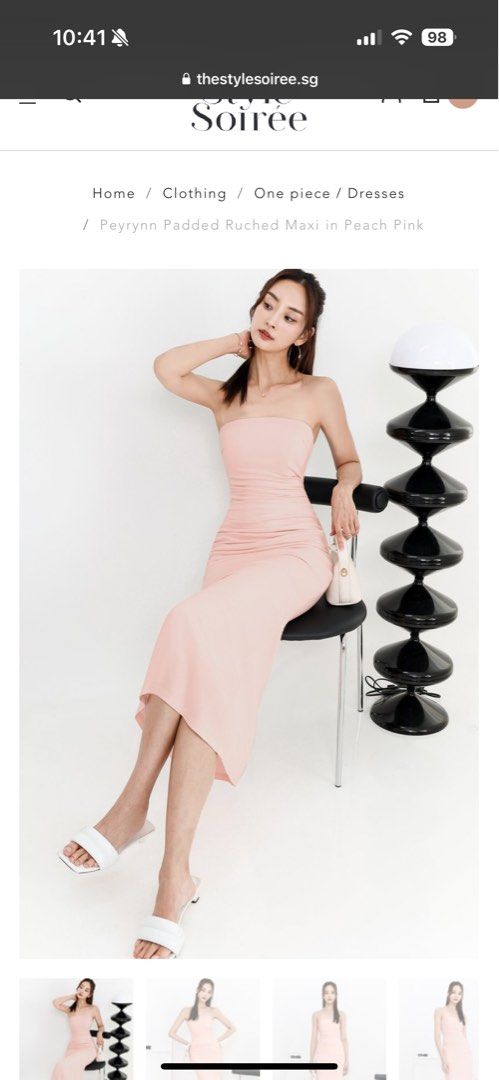 The Style Soirée Peyrynn Padded Ruched Maxi In Peach Pink (Category: Dresses) located in Singapore. Submitted by mangooomingo (Listing ID 1293761548, Image 1). Description: Free normal mailing.