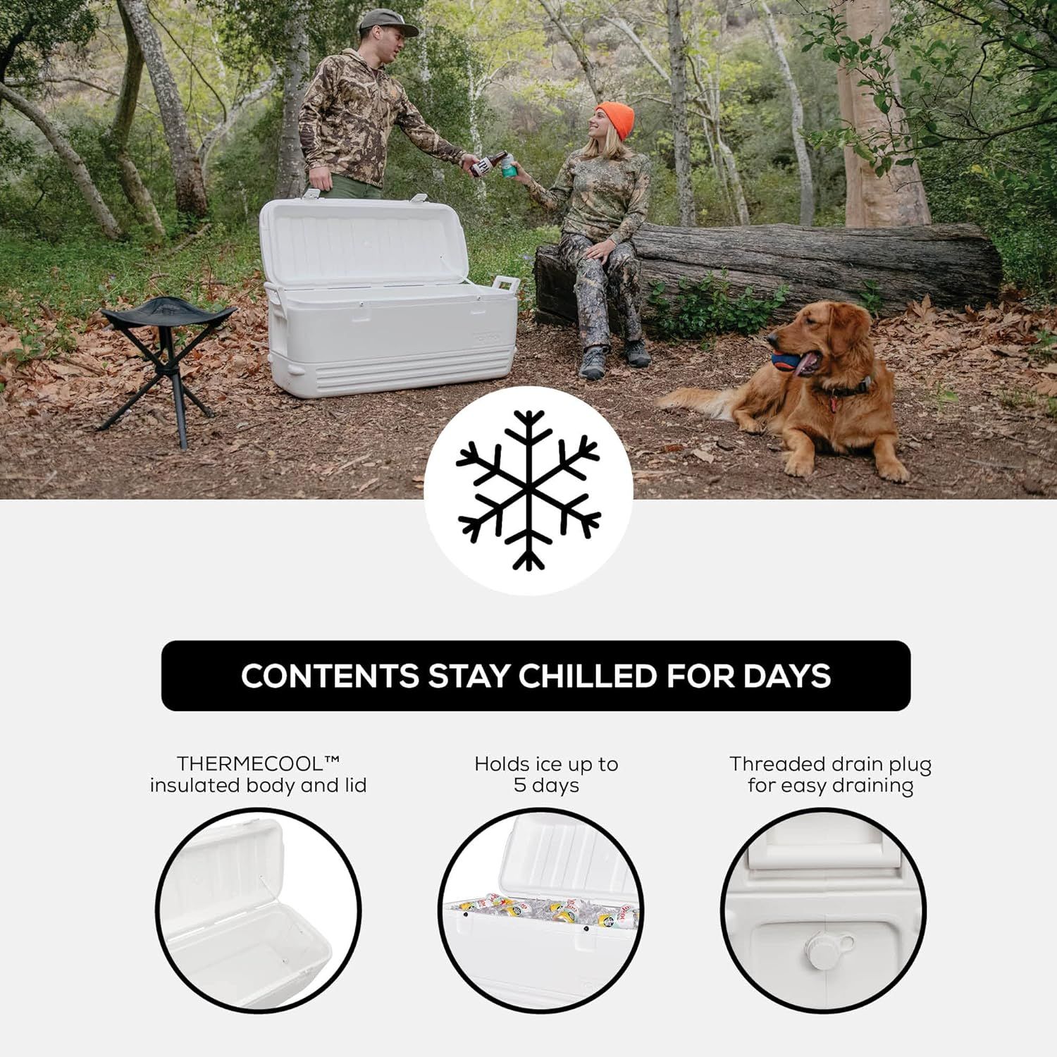 Igloo Polar Ice Cooler Box (120-Quart, White) (1) (Category: Hiking & Camping) located in Singapore. Submitted by homedealsg (Listing ID 1294223367, Image 2). Description: Ultratherm insulated body and lid keep ice for 5 days at 90 degrees Fahrenheit Reinforced swing-up handles with tie-down loop feature Dual snap-fit latches secure lid closure Threaded drain plug for hose hook up and easy draining 188-can capacity, Exterior Dimensions 38.31" L x