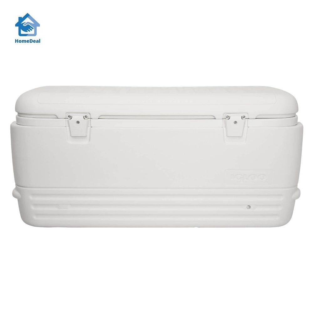Igloo Polar Ice Cooler Box (120-Quart, White) (1) (Category: Hiking & Camping) located in Singapore. Submitted by homedealsg (Listing ID 1294223367, Image 1). Description: Ultratherm insulated body and lid keep ice for 5 days at 90 degrees Fahrenheit Reinforced swing-up handles with tie-down loop feature Dual snap-fit latches secure lid closure Threaded drain plug for hose hook up and easy draining 188-can capacity, Exterior Dimensions 38.31" L x