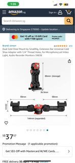Dual Cold Shoe Mount by SmallRig, Extension Bar Universal Cold Shoe Adapter with 1/4" Thread Holes, for Microphone,Led Video Light, Audio Recorder Monitors-3483B