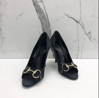 Gucci Horsebit satin peep toe heels