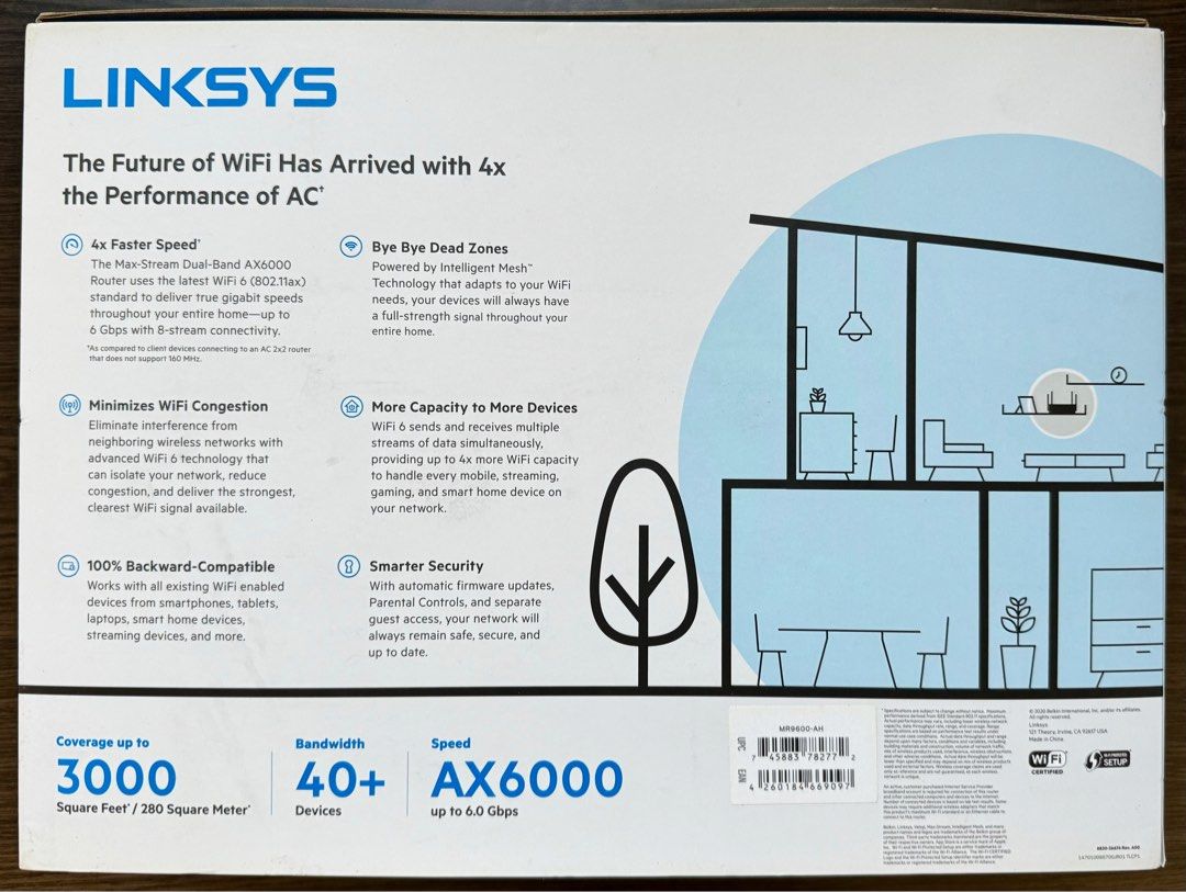 Linksys Router MR9600 Wifi 6 (Category: Networking) located in Singapore. Submitted by leftfield_c (Listing ID 1302478959, Image 4). Description: Based on 802.11ax technology the Linksys Dual-Band Mesh Wi-Fi 6 Router (MR9600) delivered speedy 5GHz close range performance and fast file transfers.
