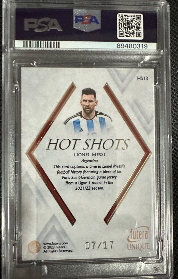 Lionel Messi PSA graded 9 futera game used jersey relic card (Category: Graded Cards) located in Singapore. Submitted by mancave_memorabilia (Listing ID 1310468459, Image 2). Description: Want to own an officially PSA certified Lionel Messi game used jersey relic card? This is it with a mint 9 PSA graded card. Attached second photo refers and stated as a game used PSG jersey relic card from a Ligue 1 match in 2021/22 season. Any Messi official re