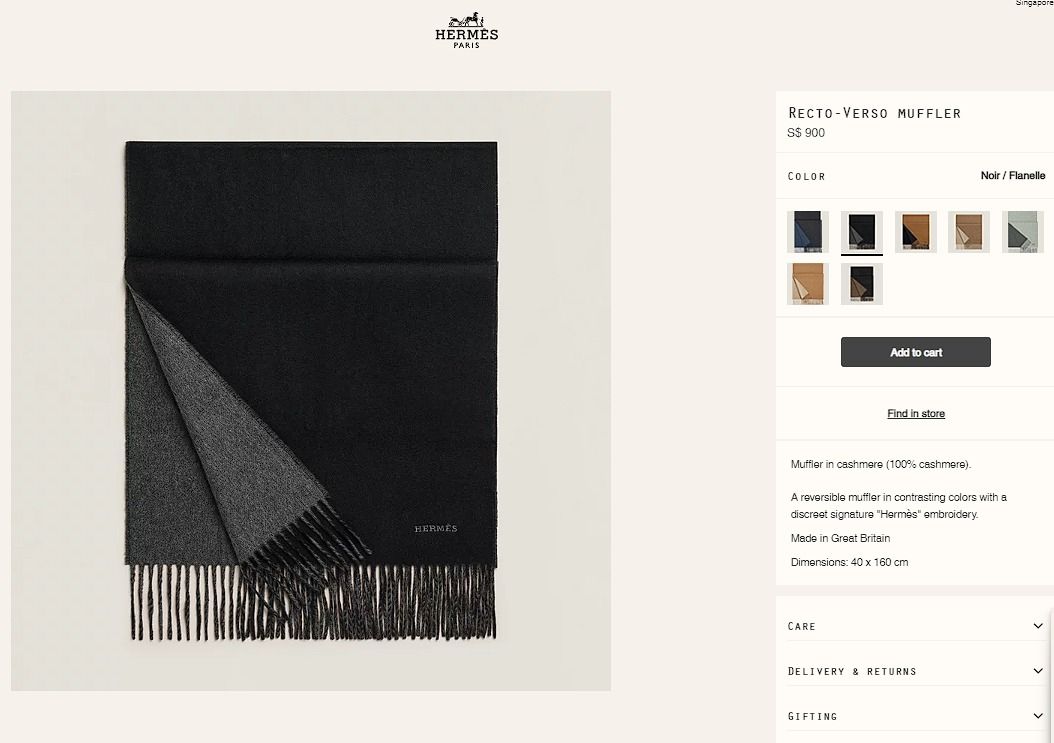 Hermes Recto Verso (Category: Accessories) located in Singapore. Submitted by thebunnychase (Listing ID 1311130634, Image 7). Description: Hermès Recto Verso Muffler (Black) Brand New in Box, comes with full set including receipt. Muffler in cashmere (100% cashmere). A reversible muffler in contrasting colors with a discreet signature "Hermès" embroidery. Made in Great Britain Dimensions: 40 x 160 cm Colour: Noir/Flanelle Purchased from Hermès Fr